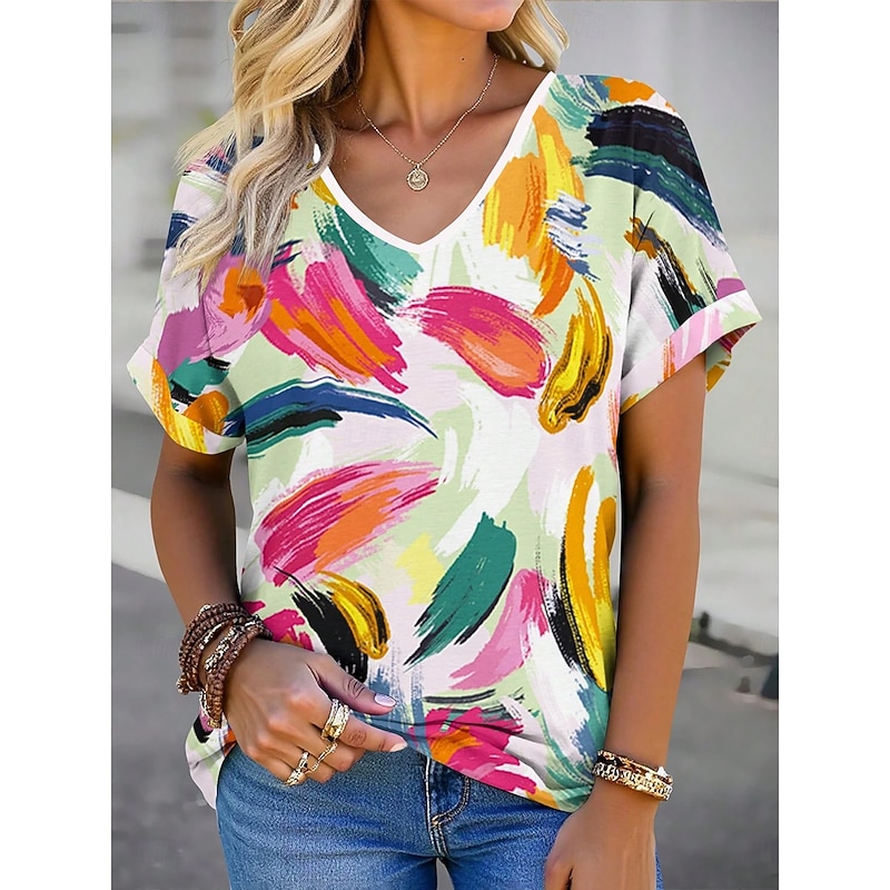 Women's T Shirt Floral Graphic Vintage Stylish Modern Short Sleeve V Neck Regular Tops Daily Print Pink Fuchsia Green Summer Spring
