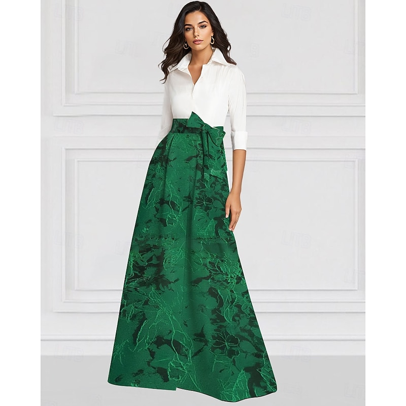 A-Line Mother of the Bride Dress Elegant Vintage Shirt Collar Floor Length Stretch Fabric Long Sleeve