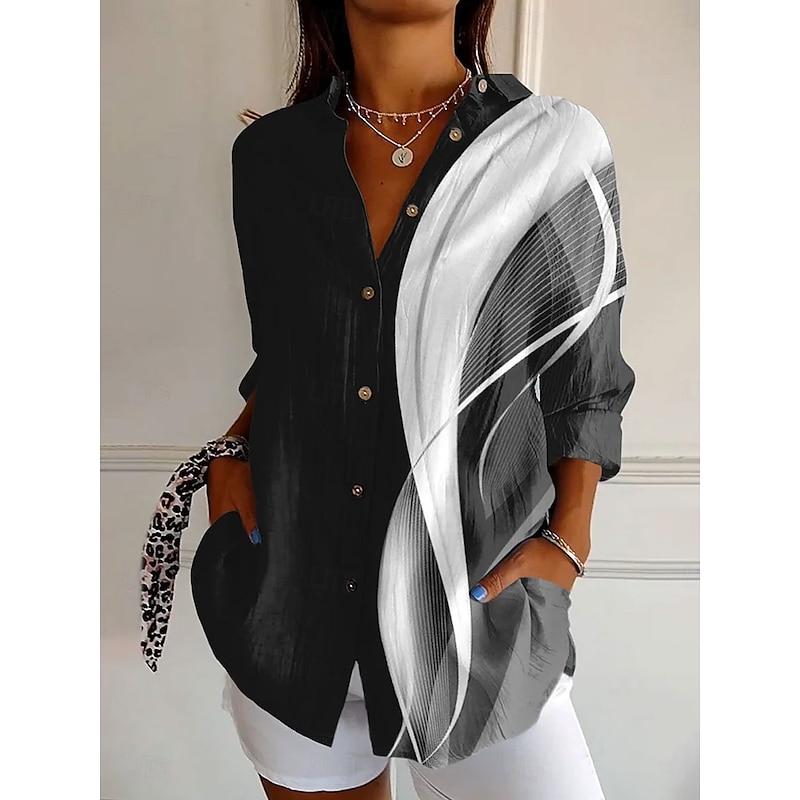 Women's Shirt Button Down Tunic Shirt Collar Long Sleeve Ombre Striped Marble Daily Stylish Casual Regular Tops Daily Holiday s Print Black Yellow Red Blue Spring