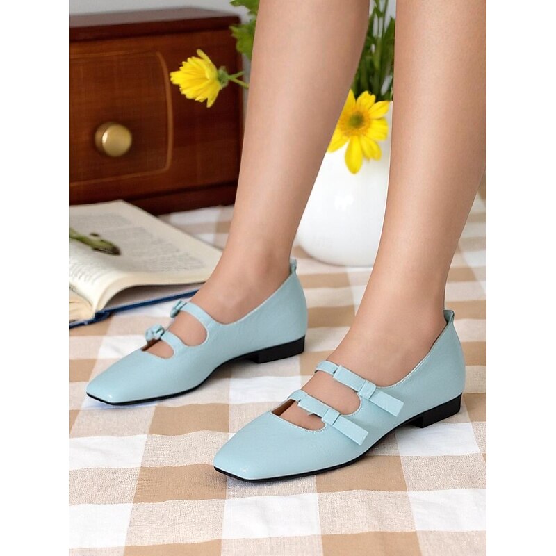Women's Light Blue Triple-Strap Mary Jane Flats with Bows – 1950s Vintage-Inspired Square Toe Ballet Shoes for Outfits, Daily Wear, and Cottagecore Style4