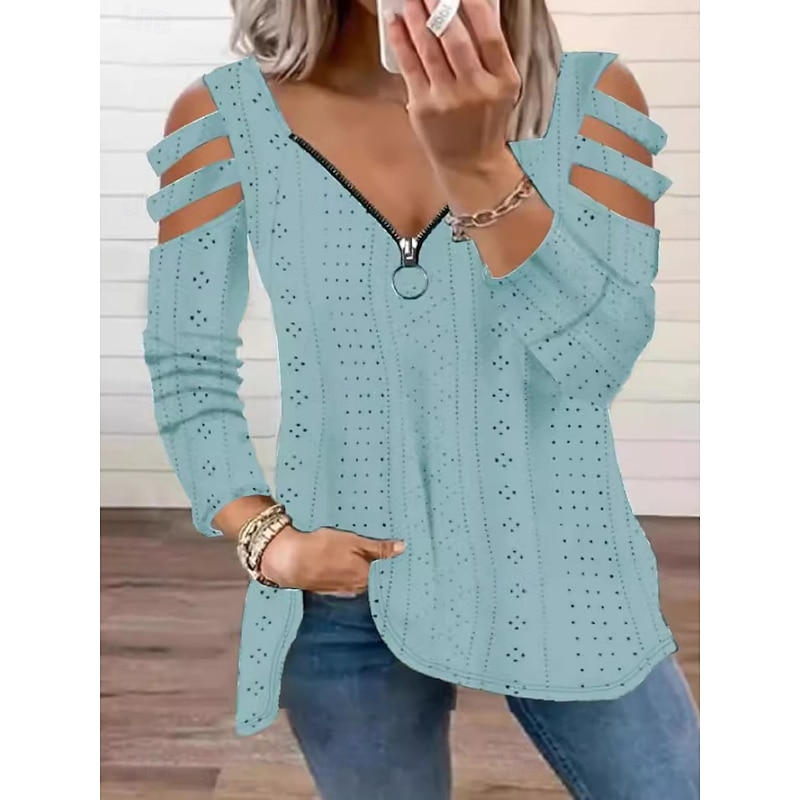 Women's Blouse Solid Color Stylish Casual Long Sleeve V Neck Regular Tops Daily Hollow Out Zipper Black White Pink Blue Green Summer Spring4