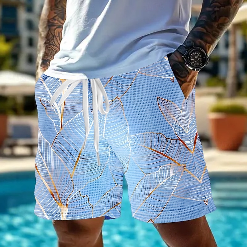 Men's Palm Leaf Tropical Plants Waffle Shorts Sweat Shorts Casual Shorts Mid Waist Fashion Casual Vacation Jogging Workout Elastic Drawstring Waist Shorts with Pockets Designer Clothing Apparel2