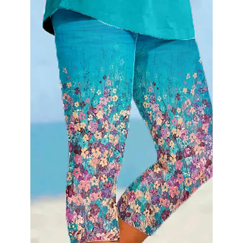 Women's Leggings Vacation Vintage Ethnic Style Calf-Length High Waist Floral Graphic Gradient Soft Comfortable Breathable Stretchy Vacation Street Causal Cobalt Blue Fuchsia Green Summer Spring Fall2