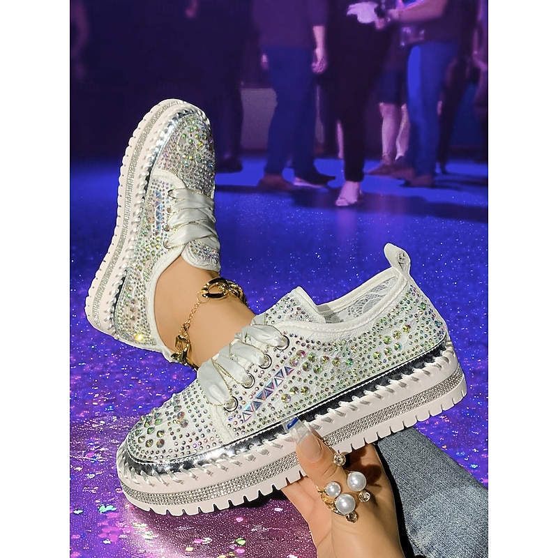 Women's Sparkling Rhinestone Sneakers with Silver Accents, Platform Lace-Up Shoes for Nightlife Parties and Glamorous Looks3