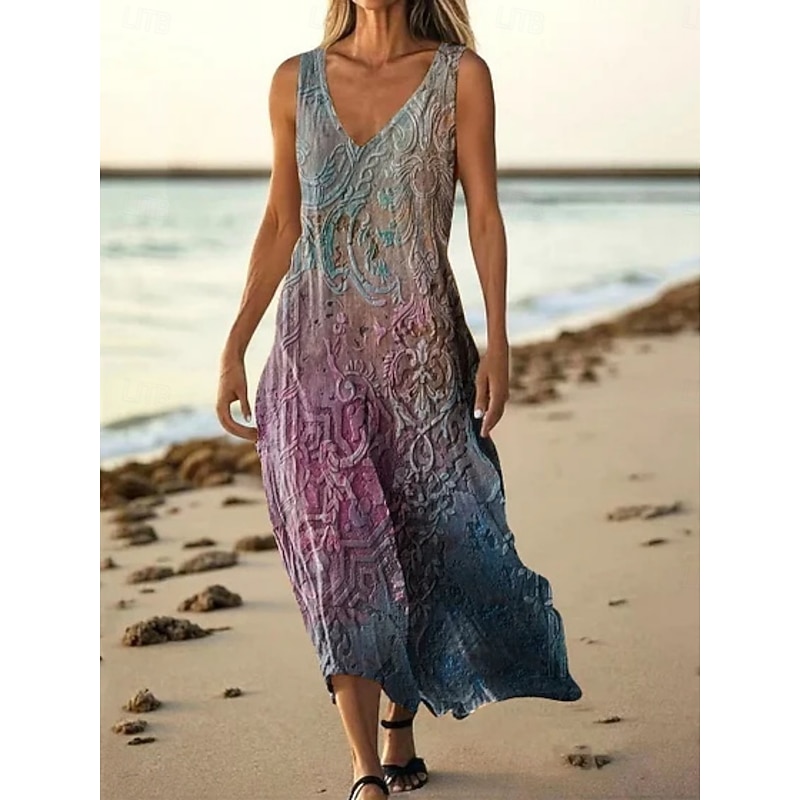Women's Long Dress Maxi Dress Casual Dress Tank Dress Summer Dress African Daily Holiday Beach Regular Fit Floral Sleeveless V Neck White Purple Green Dark Purple Summer3