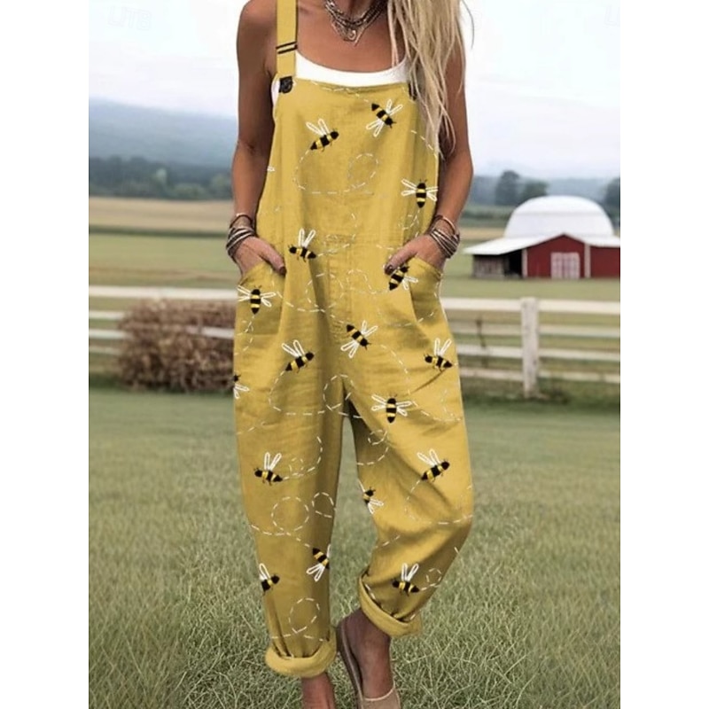 Women's Normal Overall Active Floral Sleeveless Round Neck Pocket Print Vacation Daily Regular Fit Yellow Pink Red Summer