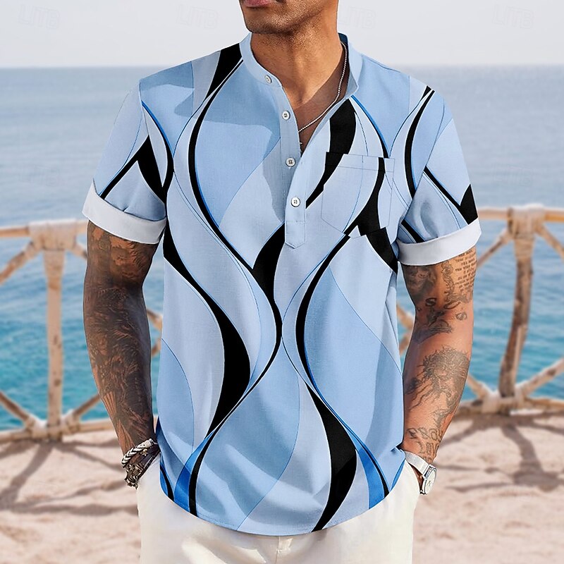 Men's Geometric Waves Shirt Henley Shirt Stand Collar Shirt Short Sleeve Casual Vacation Daily Summer Spring Mandarin Collar Band Collar Buttons Front One Pocket Linen Like Shirt Blue Khaki Gray2