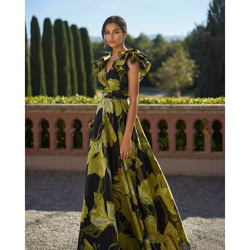 A-Line Evening Gown Elegant Dress Formal Wedding Floor Length Sleeveless V Neck Pocket Nylon with Floral Print Pocket