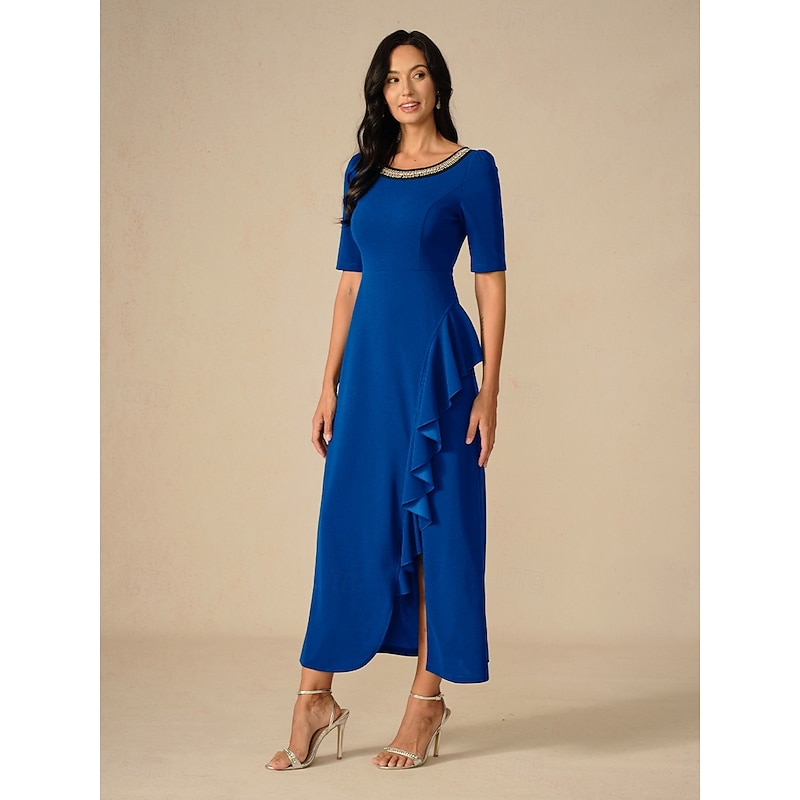 Women's Maxi Dress Ruffle Dress Elegant Regular Fit Solid Color Short Sleeve Crew Neck Royal Blue Summer Spring Fall