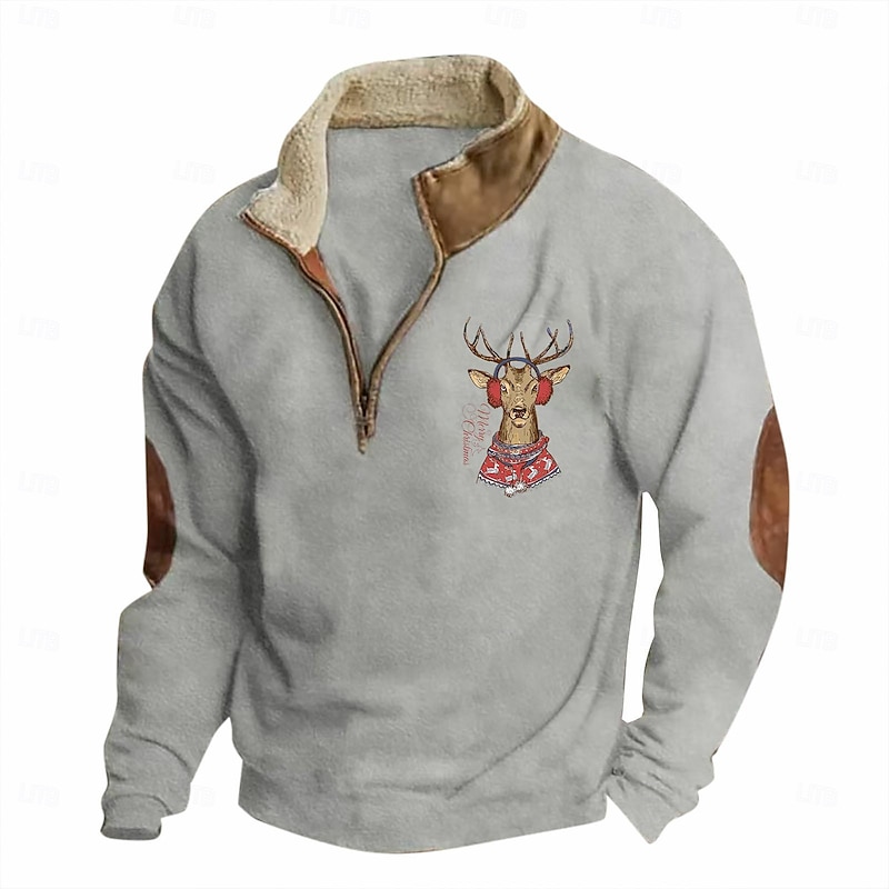 Men's Sweatshirt Quarter Zip Sweatshirt Black Navy Blue Brown Gray Half Zip Color Block Reindeer Half Zip Print Sports & Outdoor Daily Holiday Polyester Vintage Streetwear Casual Fall & Winter4