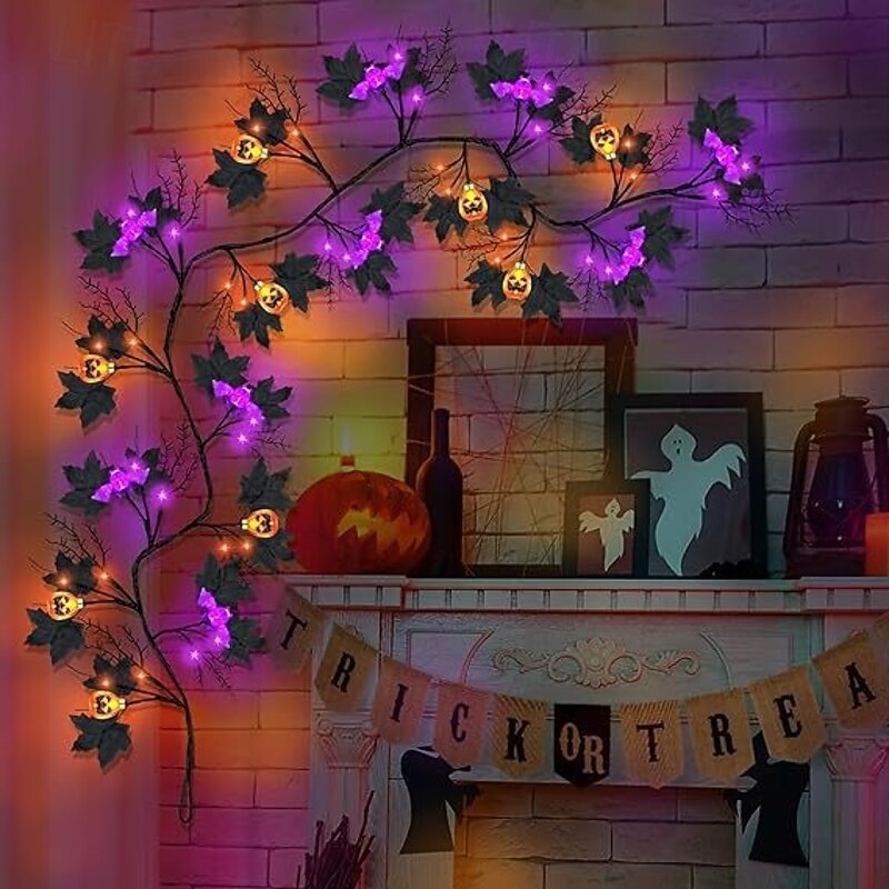 1.8M/6Ft 54 LED Beads Halloween String Lights Black Willow Lantern Pumpkin Bat Maple Leaf Wall Desktop Halloween Party Atmosphere Decorative Light AAA Waterproof Battery Box