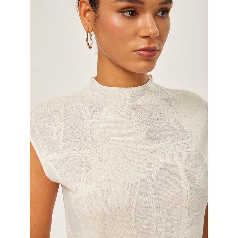 Ivory Wool Jacquard Mock Neck Knit Top3