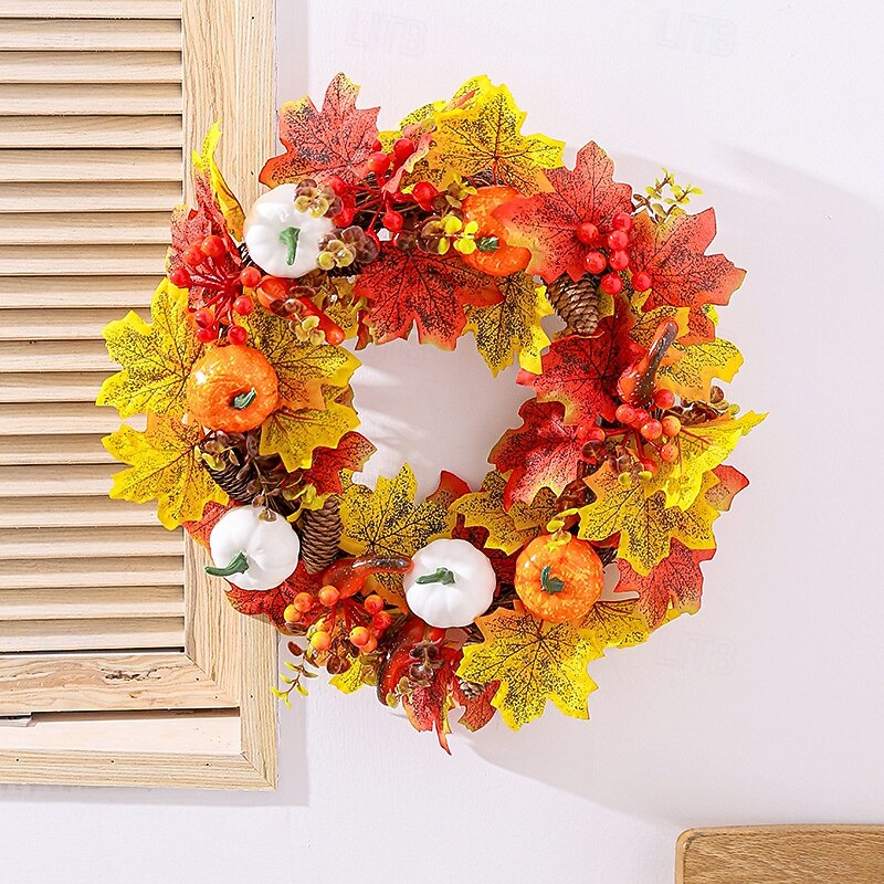 Fall Wreath for Front Door Thanksgiving Autumn Harvest Indoor Outdoor Decoration, Artificial White Pumpkin and Maple Leaf Wreath Window and Door Hanging Decor