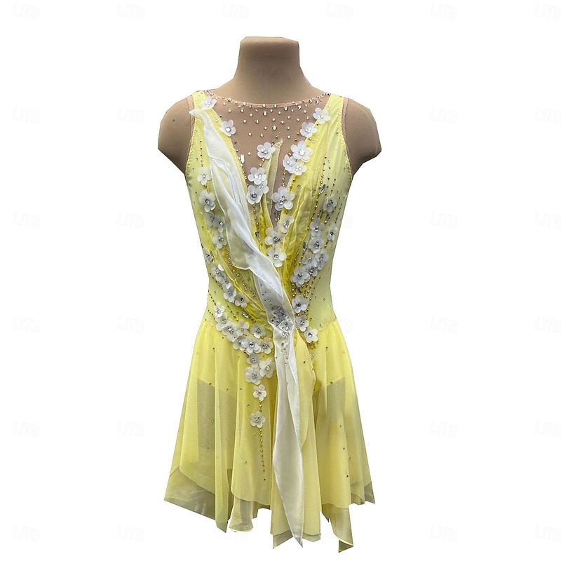 Figure Skating Dress Women's Girls' Ice Skating Dress Light Yellow Thumbhole Halo Dyeing High Elasticity Professional Competition Skating Wear Thermal Warm Crystal / Rhinestone Sleeveless Ice Skating3