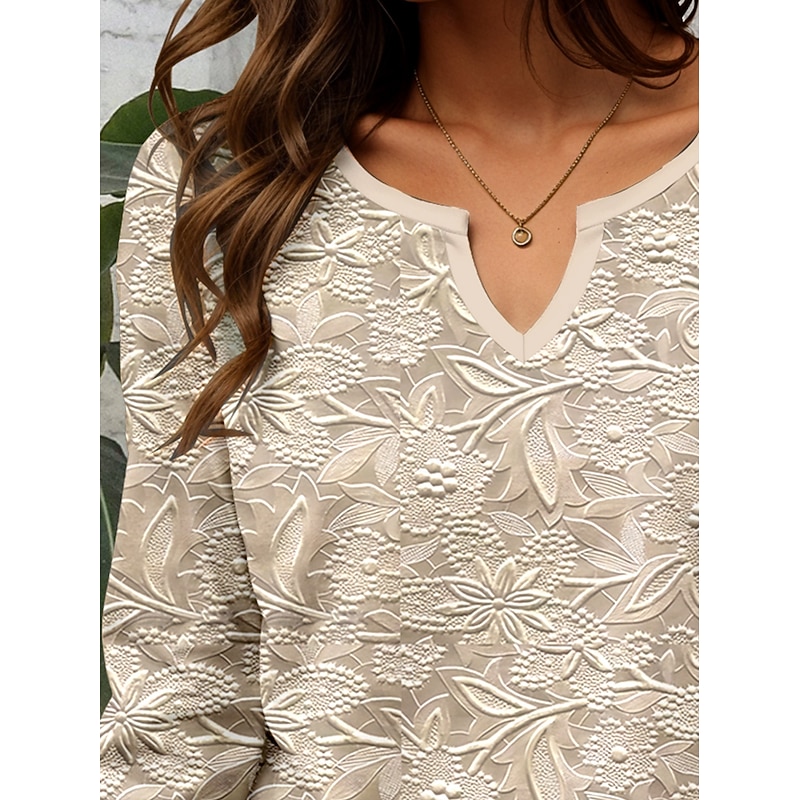 Women's T shirt Long Sleeve Floral 3D Casual Long Sleeve V Neck Notched Neck Regular Tops Daily 3D Print Print Khaki Spring Fall Prefall2