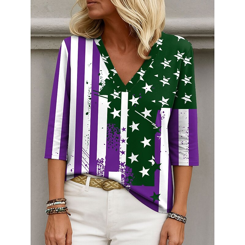 Women's Patriotic  Blouse Graphic Flag Elegant Stylish Casual 3/4 Length Sleeve V Neck Regular Tops Daily Holiday Going out Print Navy Blue Summer Spring4