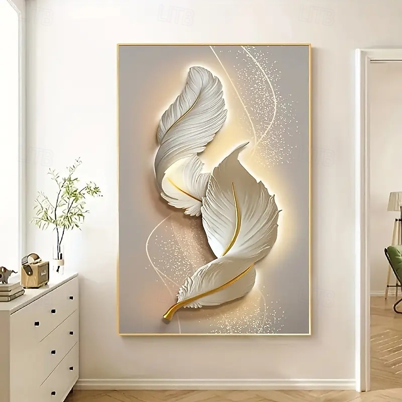 Elegant Large Frameless Canvas Art - Serene White Feathers with Gold Accents Modern Abstract Wall Decor Room Decor for Living Room and Bedroom3