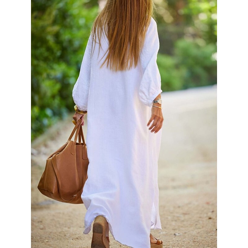 Women's Maxi Dress A Line Dress Summer Dress Casual Daily Regular Fit Plain Long Sleeve V Neck Black White Brown Gray Summer2