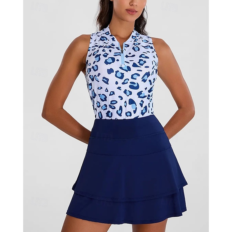 Women's Graphic Leopard Sport Shirt Golf Polo Shirt Tennis Shirt Sleeveless Zipper High Elasticity Moisture Wicking Breathable Tennis Golf Pickleball Turndown Zip Collar Shirt Top White Pink Blue3