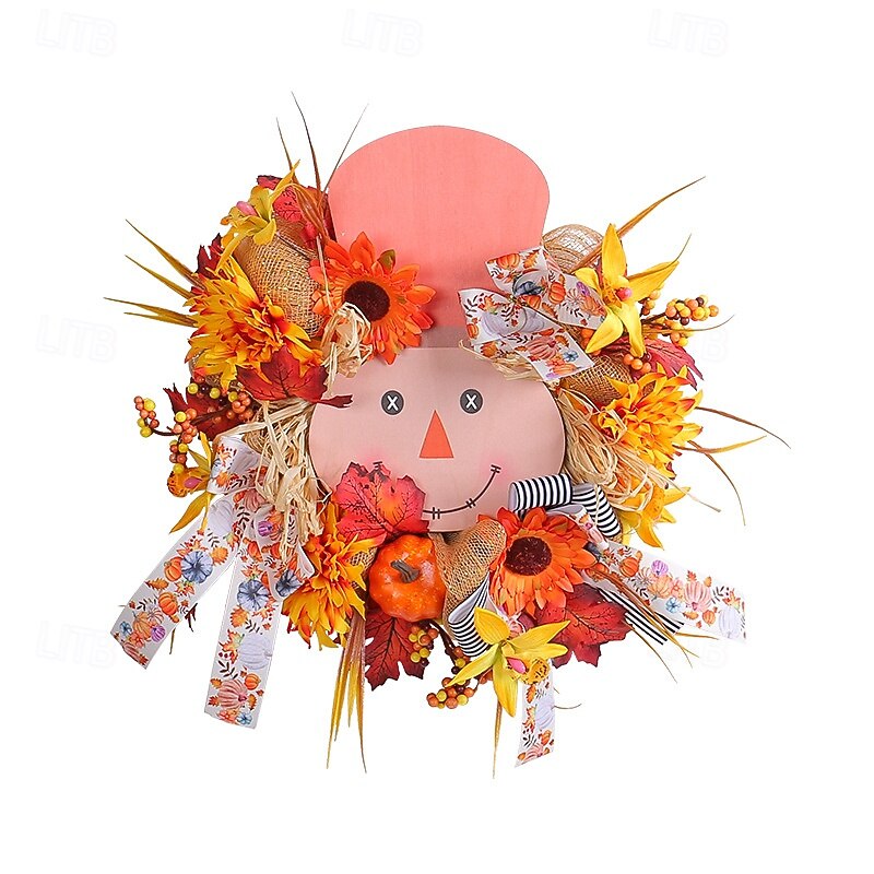 Fall Wreath for Front Door Thanksgiving Autumn Farmhouse Indoor Outdoor Decoration, Rustic Harvest Wooden Sign and Pumpkin Floral Wreath, Halloween Party Door Hanging Decor4