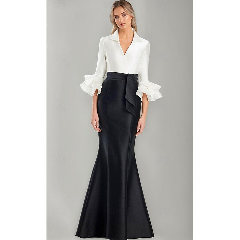 Black and White Formal Dress Mermaid / Trumpet Evening Gown Elegant Dress Formal Wedding Floor Length Half Sleeve Shirt Collar Stretch Satin with Ruffles