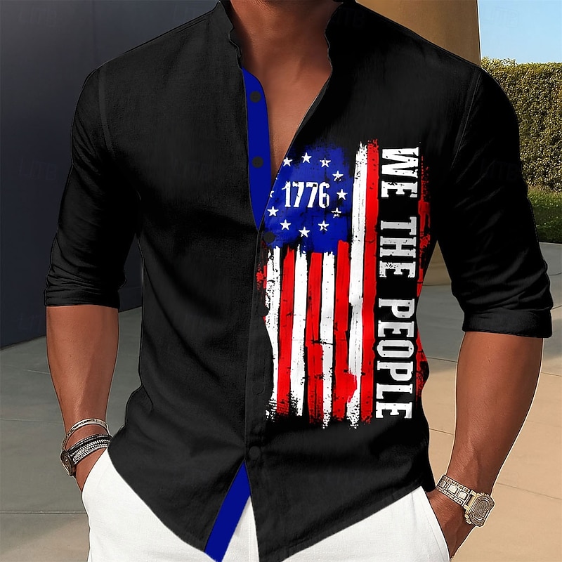 Independence Day Men's US Flag Patriotic 1776 Shirt Stand Collar Shirt Casual Dress Shirt Long Sleeve Casual Holiday Summer Spring Mandarin Collar Band Collar 3D Print Button Up Shirts White Red Dark2