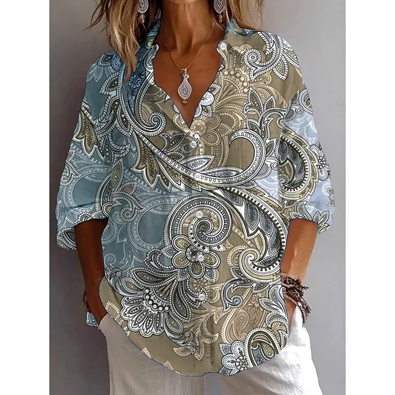 Women's Shirt Button Down Tunic Shirt Collar Long Sleeve Graphic Paisley Vintage Stylish Ethnic Regular Tops Daily Holiday Going out s Light Brown Dusty Blue Purple Spring4