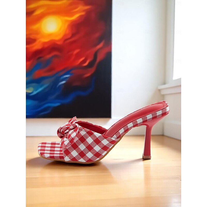 Women's Gingham Bow Heeled Mules - Vintage Open Toe Slip-On Sandals for Casual Dates and Summer Outings3