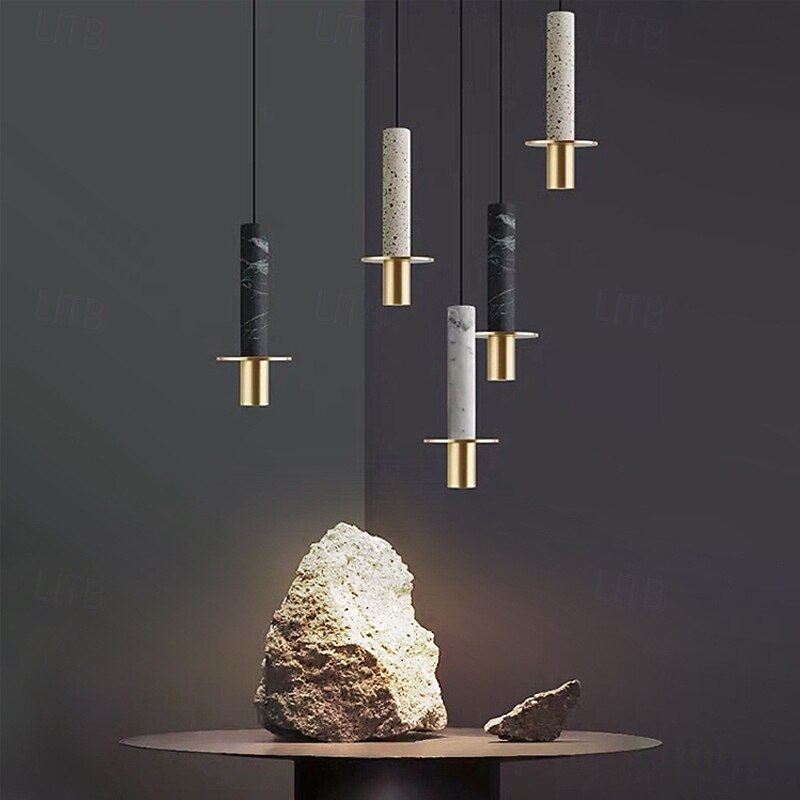 Modern Led Pendant Light Nordic Long Tube Hanging Lamp Marble Chandelier Minimalist Creative Ceiling Lamp Art Decor Lighting Fixture for Dining Room Kitchen Island