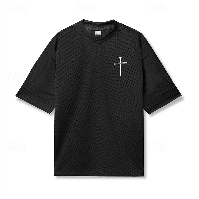 Men's Plus Size T Shirt Tee Top V Neck Short Sleeve Fashion Outdoor Vacation Daily Cross Black White Polyester Clothing Apparel