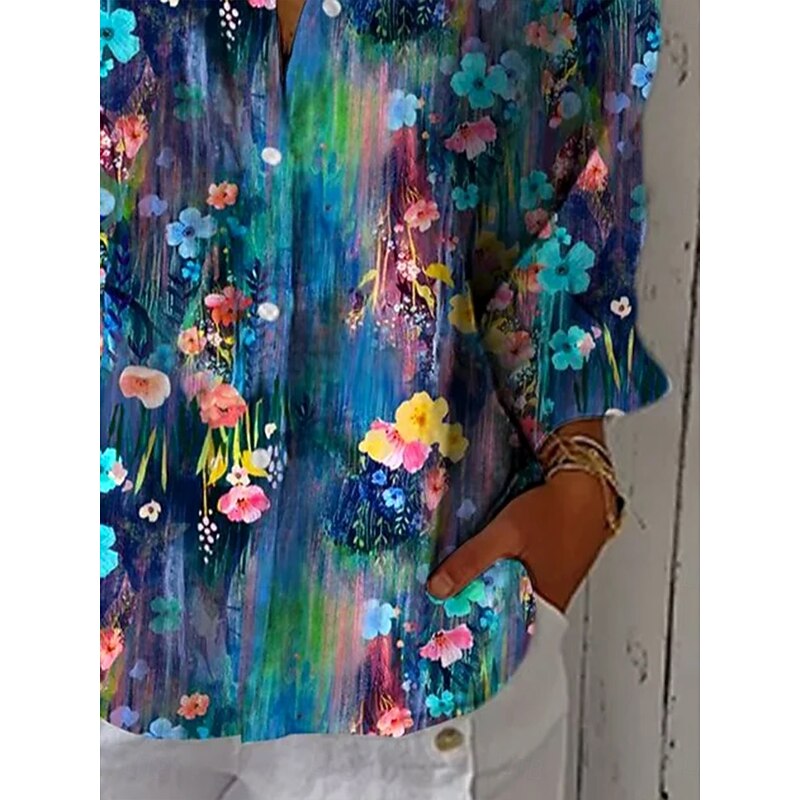 Women's Shirt Button Down Tunic Shirt Collar Long Sleeve Ombre Floral Graphic Vintage Tropical Daily V Neck Regular Tops Work Daily Holiday s Print White Blue Green Spring Fall3