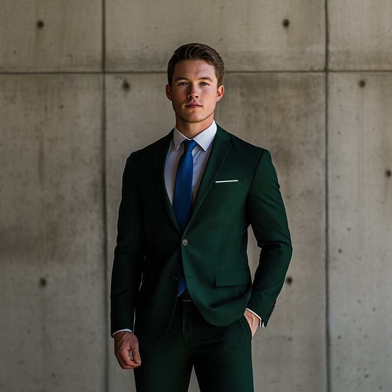 Men's Wedding Business Suits Notch Lapel Dark Green Daily Formal Solid Colored Standard Fit 2 Piece Single Breasted Two-buttons