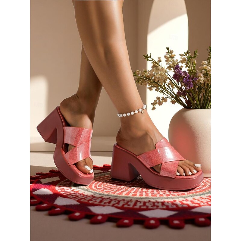 Women's Red Crisscross Platform Slide Sandals – Chunky Heel Summer Shoes with Glitter Finish for Beach, Vacation, and Casual Wear2