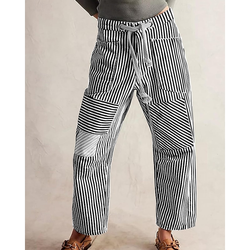 Women's Slacks Straight Fashion Streetwear Full Length Natural Striped Pocket Elastic Drawstring Design Comfy Outdoor Street Daily Wear Magenta Grey Black Yellow Summer Regular Fit