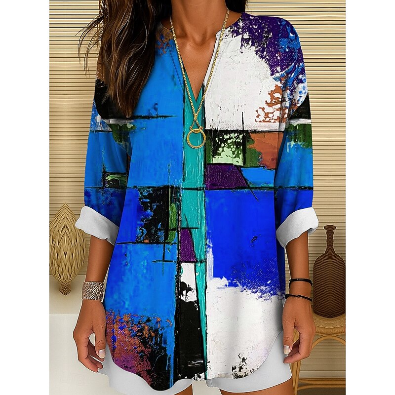Women's Blouse Tunic V Neck Long Sleeve Boho Casual Tops Graphic Geometric Abstract Vintage Tropical Regular Tops Daily Wear Print Yellow Red Blue Purple Green4