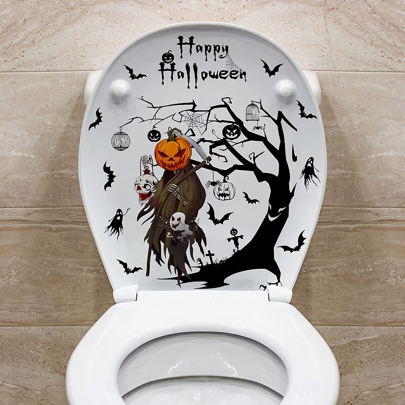 Halloween Toilet Seat Decal Sticker Pumpkin, Ghost, and Bat Design, Self-Adhesive Bathroom Toilet Lid Decoration4