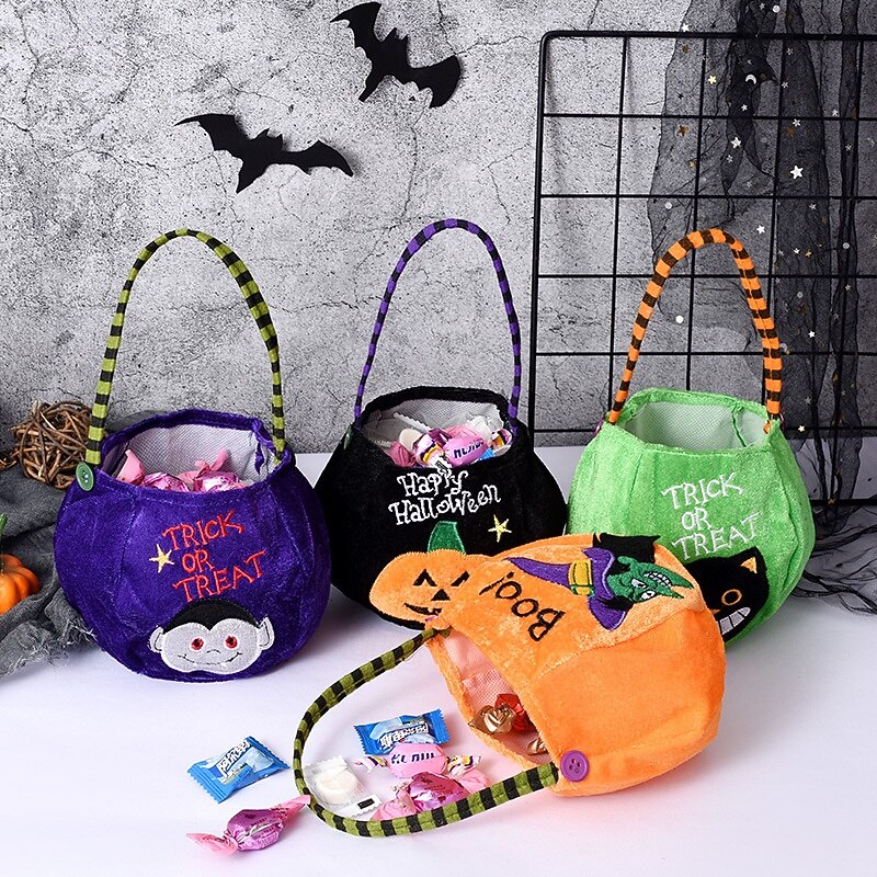 Halloween Treat Bag for Kids, Trick or Treat Candy Tote Bag, Gift Basket with Pumpkin Ghost Witch Design, Non-Woven Halloween Party Favor Bag3