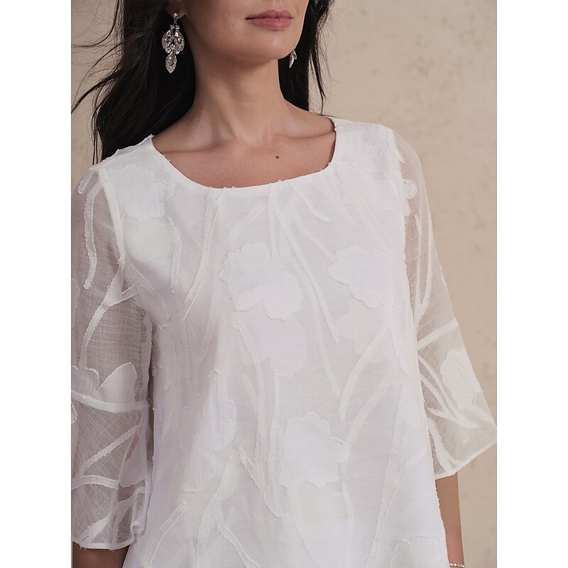 Women's Lace Shirt Blouse Dressy Tops Chiffon Tops Solid Color Floral Elegant Stylish Basic 3/4 Length Sleeve Bell Sleeve Boat Neck Regular Tops Wedding Guest Work Daily Cut Out Asymmetric Hem White2