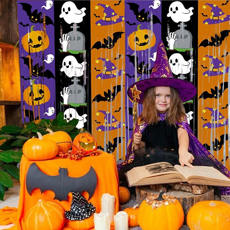 Halloween Foil Fringe Curtain Tinsel Curtain Backdrop Party Decorations with Bat, Pumpkin and Ghost, Spooky Party Backdrop and Photo Booth Decoration2