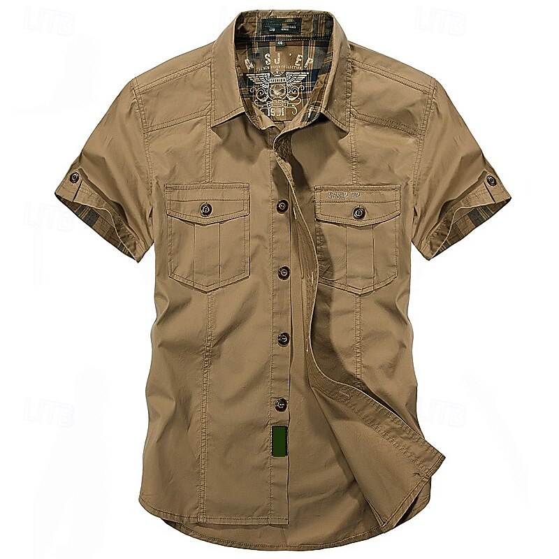 Men's Hiking Shirt Hiking top cargo shirt Short Sleeve Turndown Top Outdoor Quick Dry Lightweight Breathable Polyester Army Green Khaki Tennis Golf Running