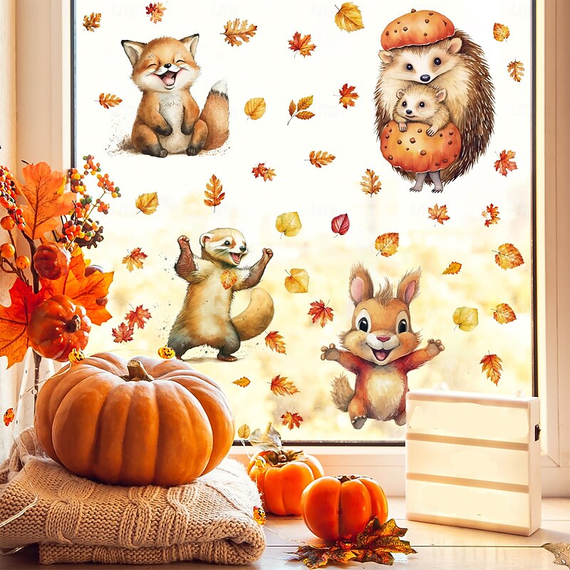 9 Sheets Fall Window Cling Thanksgiving Sticker Decals Decorations Double Side, Gnome Hedgehog Maple Leaf Pumpkin Static Stickers for Glass Window Autumn Harvest Home Decor4