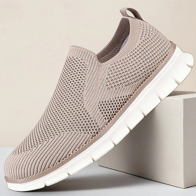 Men's Beige Faux Leather Mesh Slip-On Shoes – Lightweight and Breathable Comfort Shoes for Daily Wear, Travel and Relaxed Weekend Activities
