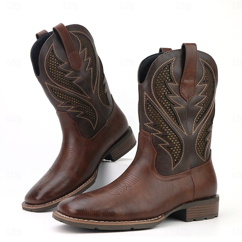 Men's Tan Western Ankle Boots with Chevron Pattern - Premium Leather, Stylish, Perfect for Casual Wear, Cowboy Events and Outdoor Adventures3