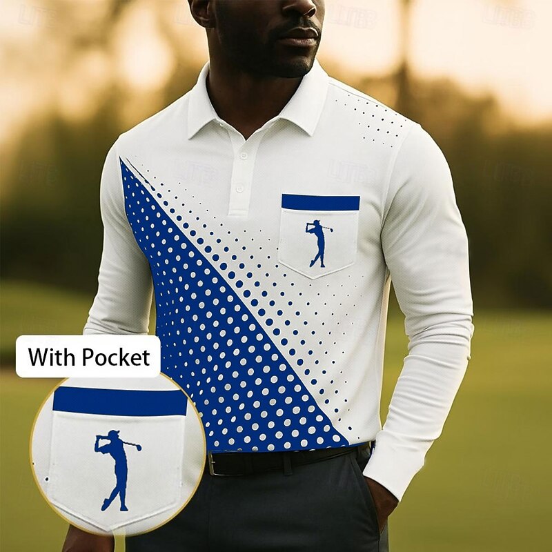Men's Geometric Golf Sports Polo Shirts Long Sleeve Polo Shirts Collared Shirts Business Casual Business Athleisure Daily Wear Pocket 3D Print Buttons Spring Fall Winter White Red Blue2
