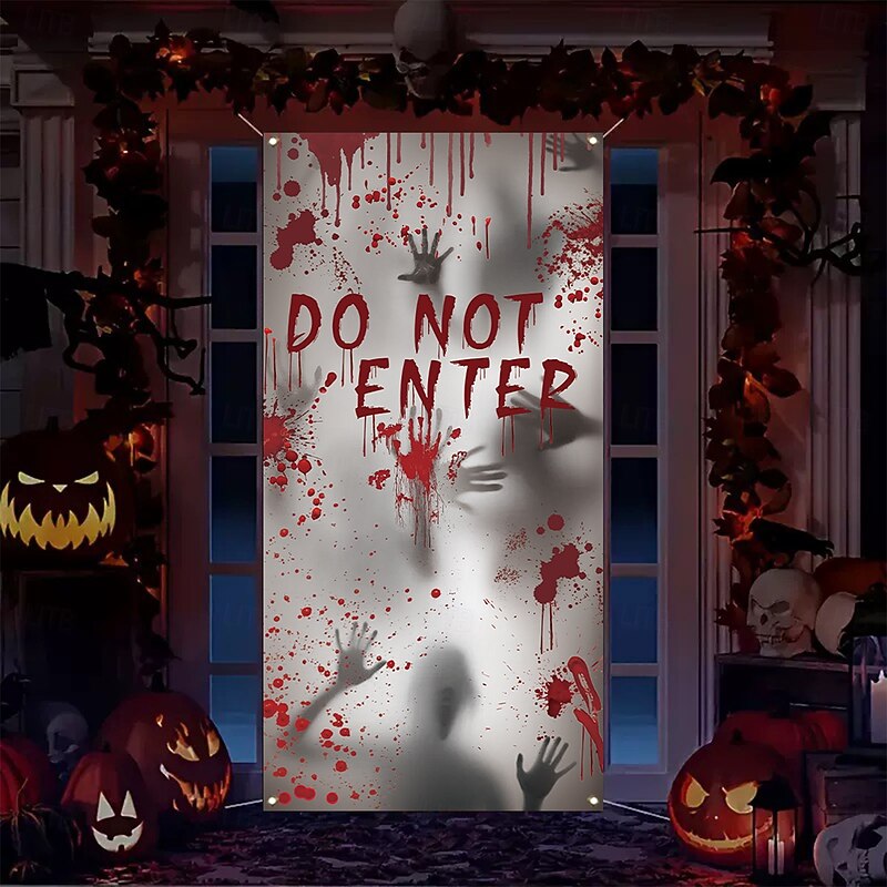 Halloween Window Door Cover, Fabric Made Halloween Window Door Decorations, Scary Bloody Handprint & Shadowy Figure for Haunted House Halloween Party Decorations