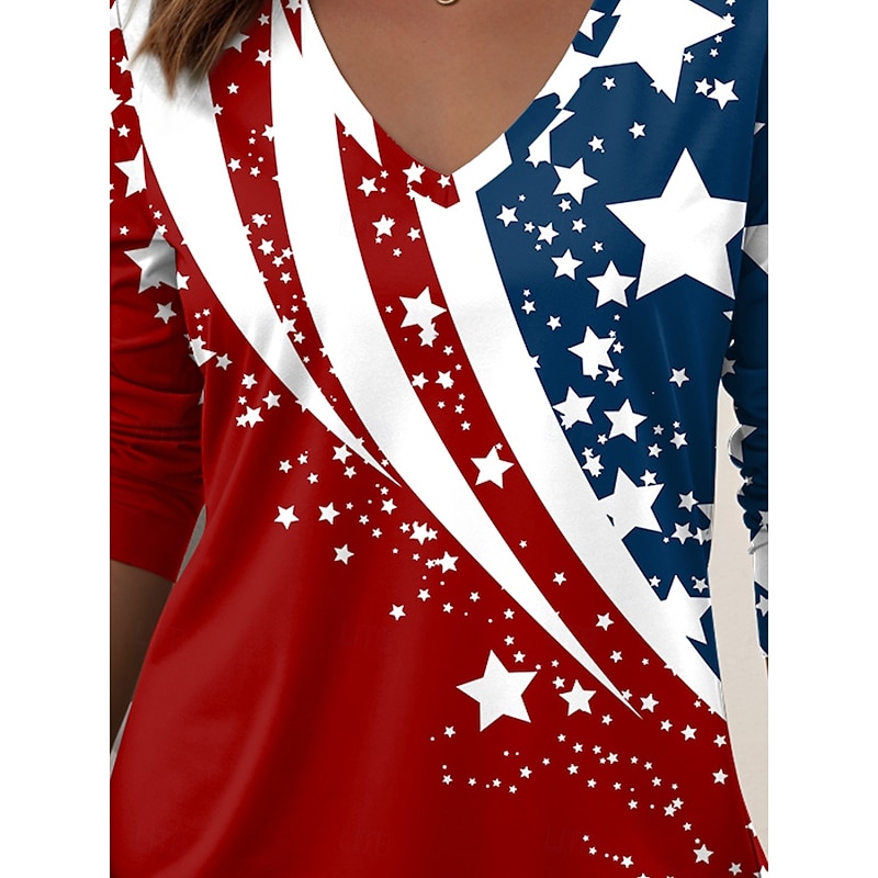Women's Patriotic T Shirt V Neck Long Sleeve Tunic Geometric National Flag Elegant Vintage Stylish Regular Tops Daily Weekend Print Red Navy Blue Blue  Spring Prefall3