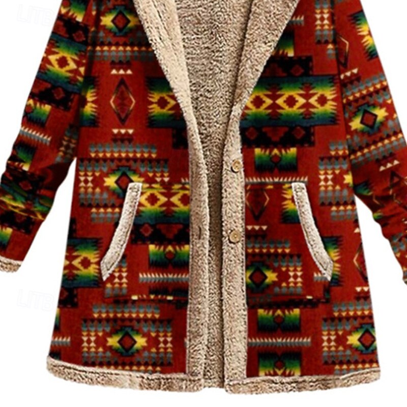 Women's Fleece Jacket Coat Hoodie Jacket Warm Comfortable Zipper Pocket Fashion Modern Casual Geometric Going out Weekend Zipper Regular Hooded Regular Fit Long Sleeve Outerwear Wine Khaki Winter4