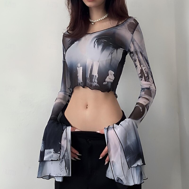 Punk & Gothic 1970s Groovy Crop Top Disco Mesh Psychedelic Fancy Dress Women's Halloween Carnival Music Festival Retro Theme Party Adults' Top2