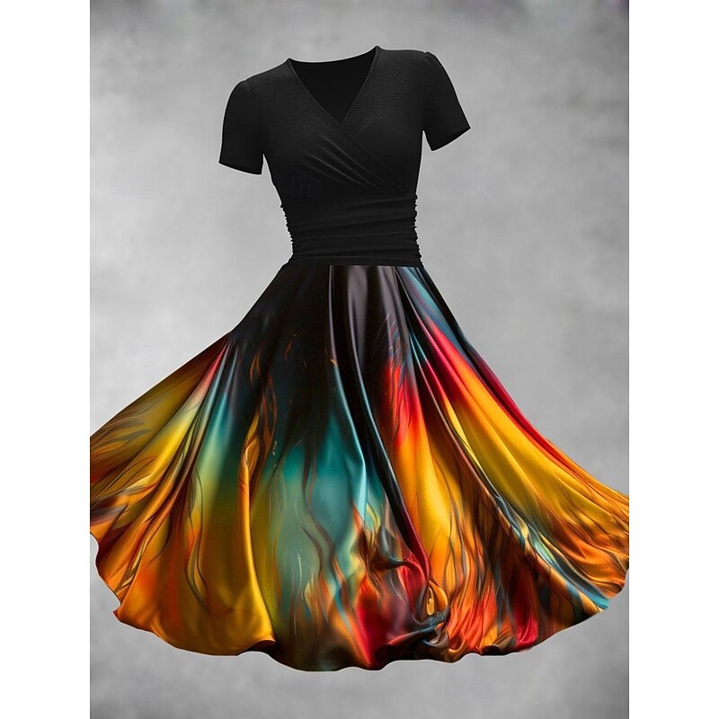 Women's Midi Dress A Line Dress Summer Dress Fit And Flare Dress Party Casual Daily Holiday Regular Fit Graphic Color Block Abstract Short Sleeve V Neck Black Orange Rainbow Summer