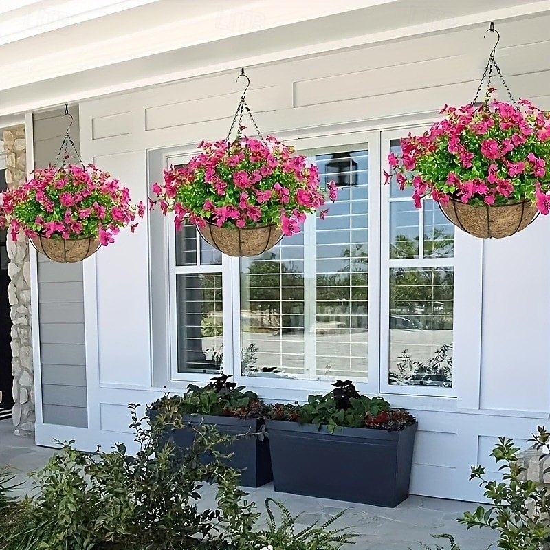 Artificial Outdoor Flowers with Hanging Basket, Hanging Planters Flowers for Spring Summer Front Porch Garden Patio Home Decor